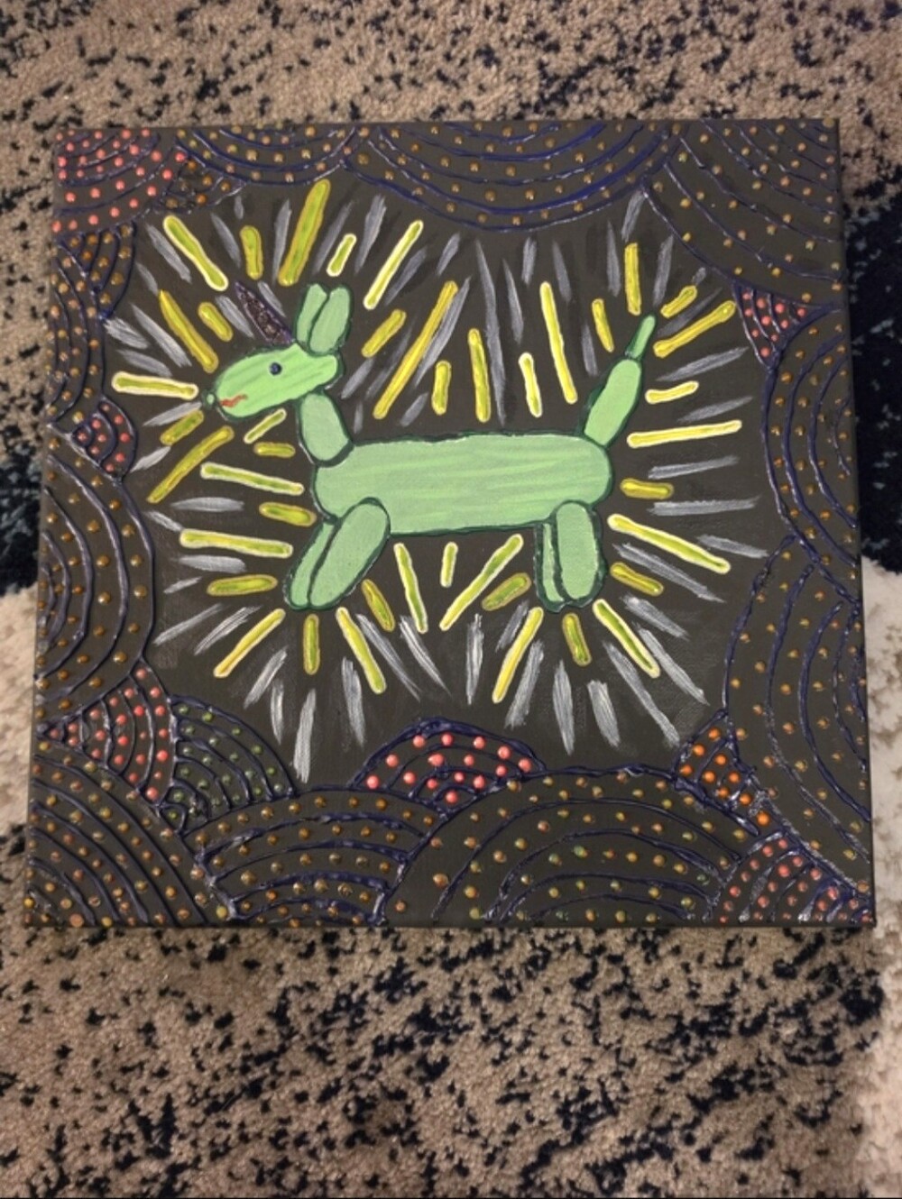 NWT Hand-Painted Green Balloon Dog Textured Canvas Art Wall Deco Size 12" X 12"